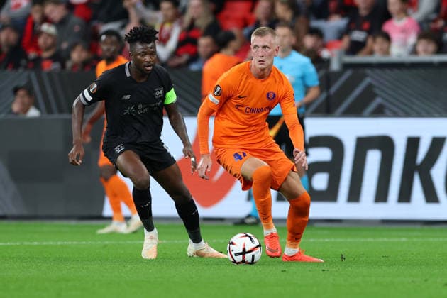 September 16, 2026, GER, Soccer, Men s, Europa League, 2026–2027 Season, Matchday 1 of the Group Stage, Bayer 04 Leverkusen (GER) vs. NK Celje (SVN) Armandas KuÄ u008Dys of NK Celje (No. 47), in a tackle against Edmond Tapsobsa (Leverkusen, No. 12); DFB and DFL regulations prohibit any use of photographs as image sequences and or quasi-video; Leverkusen BayArena, NRW, Germany Copyright: xNordphoto Meuterx