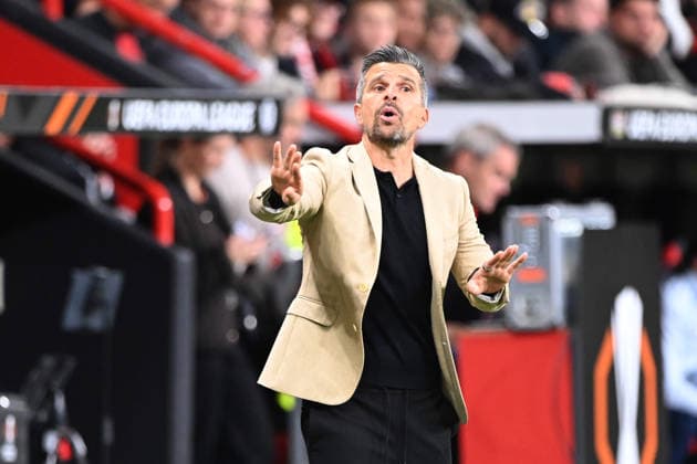 Coach Zoran ZELJKOVIC of NK Celje gives instructions to his players; gestures, gesturing, Bayer Leverkusen, NK Celje, soccer, UEFA Europa League, Matchday 1, on September 16, 2026, in Leverkusen, Germany. UEFA regulations prohibit any use of photographs as image sequences and or quasi-video.