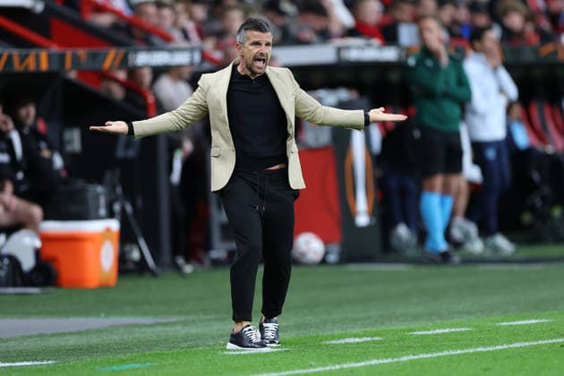 September 16, 2026, GER, Soccer, Men s, Europa League, 2026–2027 Season, Matchday 1 of the group stage, Bayer 04 Leverkusen (GER) vs. NK Celje (SVN). Vitor Campelos, head coach of NK Celje, is visibly upset—gesturing, facial expressions, emotions—looking dissatisfied, disappointed, and dejected. DFB and DFL regulations prohibit any use of photographs as image sequences and or quasi-video. Leverkusen, BayArena, NRW, Germany Copyright: xNordphoto Meuterx