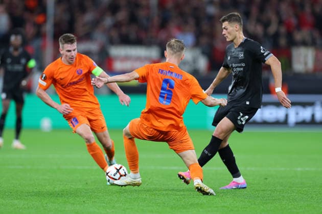 September 16, 2026, GER, Soccer, Men s, Europa League, 2026–2027 Season, Matchday 1 of the Group Stage, Bayer 04 Leverkusen (GER) vs. NK Celje (SVN), Artemijus Tutyökinas, NK Celje 6, Mark Zabukovnik, NK Celje 19, in a tackle against Patrick Schick, Leverkusen 14; DFB and DFL regulations prohibit any use of photographs as image sequences and or quasi-video; Leverkusen BayArena, NRW, Germany Copyright: xNordphoto Meuterx