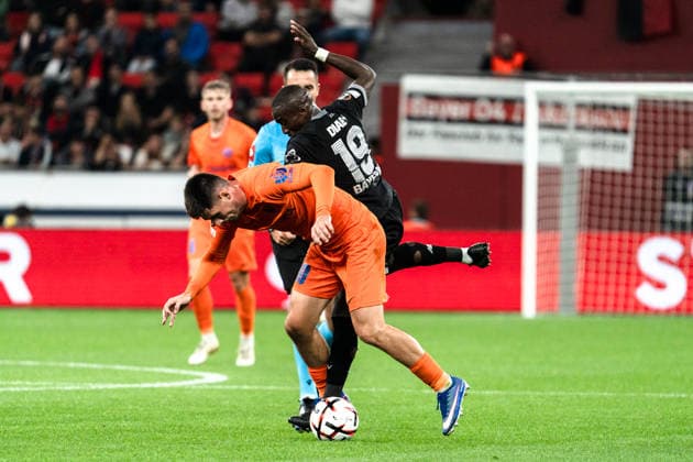 2026–2027 UEFA Europa League, Bayer 04 Leverkusen vs. NK Celje, Matchday 1, Wednesday, September 16, 2026, BayArena, North Rhine-Westphalia, Germany; Svit Seslar, Moussa Diaby, Tackle, Duel Copyright: xCelinaxLeiersx
