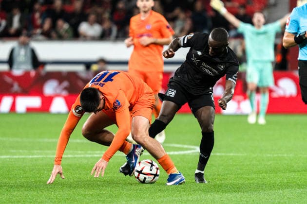 2026–2027 UEFA Europa League, Bayer 04 Leverkusen vs. NK Celje, Matchday 1, Wednesday, September 16, 2026, BayArena, North Rhine-Westphalia, Germany; Svit Seslar, Moussa Diaby, Tackle, Duel Copyright: xCelinaxLeiersx