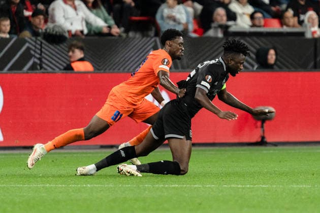 2026–2027 UEFA Europa League, Bayer 04 Leverkusen vs. NK Celje, Matchday 1, Wednesday, September 16, 2026, BayArena, North Rhine-Westphalia, Germany, Edmond Tapsoba vs. Yaya Dukuly, Tackle, Duel Copyright: xCelinaxLeiersx
