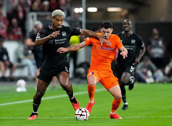 Loic Bade, Bayer 04 Leverkusen, No. 5, in a tackle with Milot Avdyli, NK Celje, No. 11, GER, Bayer 04 Leverkusen vs. NK Celje, UEFA Europa League, Matchday 1, 2026–27 season, BayArena, Leverkusen, September 16, 2026 DFL regulations prohibit any use of photographs as image sequences and or quasi-video Bayer 04 Leverkusen vs. Celje, UEFA Europa League, Matchday 1, 2026–27 Season, September 16, 2026, Leverkusen Copyright: xEibner-Pressefoto ScottxColemanx EP_SCN