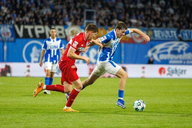 Left: Jordan Majchrzak (VfB) vs. Bernie Lennemann (Rostock, GER), FC Hansa Rostock vs. VfB Stuttgart II, Soccer, Men, 3rd Division, Matchday 6, 2026–2027 Season, September 16, 2026, Rostock Ostseestadion, Mecklenburg-Western Pomerania, Germany