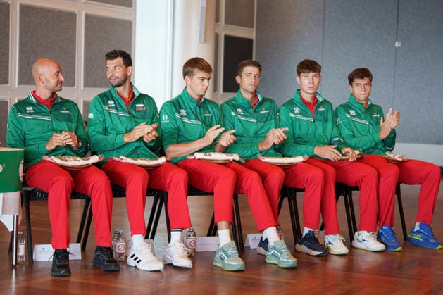 Press conference ahead of the Davis Cup match between Denmark and Bulgaria. Bulgarian players Valentin Dimov, Grigor Dimitrov, Pyotr Nesterov, Alexander Donski, Iliyan Radulov, and Alexander Vasilev (from left) during the team lineup, draw, and press conference in Hilleroed on Thursday, September 17, 2026. The match between Denmark and Bulgaria will take place at Royal Stage in Hilleroed on September 18–19, 2026, in Copenhagen, Denmark. Copyright: Ritzau Scanpix LiselottexSabroex spdk20260917-125645-L