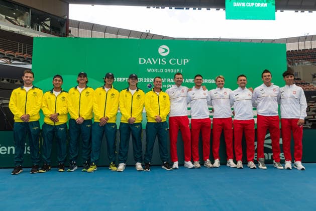 TENNIS DAVIS CUP DRAW, James Duckworth, Rinky Hijikata, Max Purcell, Adam Walton, Alex de Minaur, Lleyton Hewitt, Mariusz Fyrstenberg, Kamil Majchrzak, Maks Kaśnikowski, Jan Zielinski, Karol Drzewiecki and Jan Sadzik (L-R) pose for a photo during a Davis Cup draw event at Pat Rafter Arena, Brisbane, Friday, September 18, 2026. ( NO ARCHIVING Copyright: xRUSSELLxFREEMANx 20260918191606935913