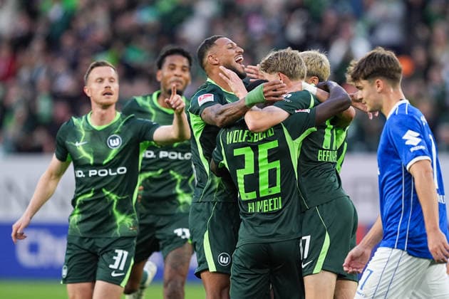 September 18, 2026, xydrx, Men s, Soccer, 2. Bundesliga, VfL Wolfsburg vs. SV Darmstadt 98, 2026–2027 season, Volkswagen Arena: Goal celebration after VfL Wolfsburg’s 1–0 goal by Alexander Bernhardsson (VfL Wolfsburg, 17), along with Sael Kumbedi (VfL Wolfsburg, 26) and Yannick Gerhardt (VfL Wolfsburg), 31. DFB regulations prohibit any use of photographs as image sequences and or quasi-video Copyright: HMBxMedia YannisxDreimann