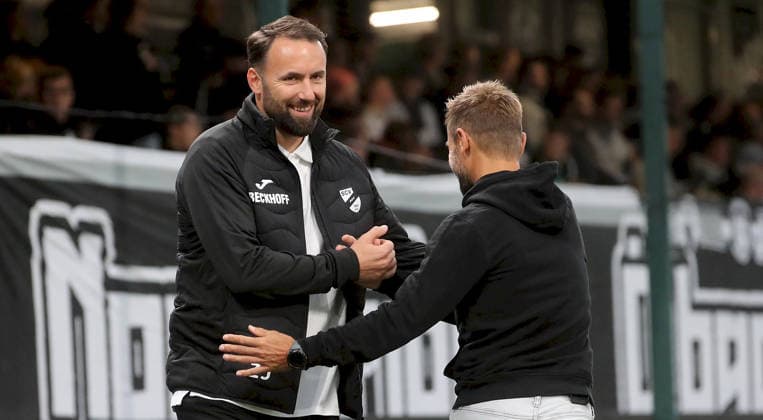 September 18, 2026, xfsx, Men s, Soccer, 2026–2027 Season, 3rd Division, Matchday 7: SC Verl vs. FC Würzburger Kickers; from left: Coach Orest Shala (SC Verl), Coach Michael Schiele (FC Würzburger Kickers); Verl Sportclub Arena, North Rhine-Westphalia, Germany