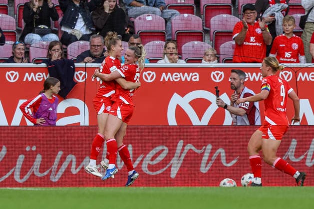 GER, Mainz, FSV Mainz 05 vs. Eintracht Frankfurt, Google Pixel Women’s Bundesliga, Soccer, DFB, 2026–2027 Season, MEWA Arena, Matchday 5 in Pictures: Sabina Jackson, Mainz 05 Women’s Team 20, Goal, Celebration and Joy, Emotions. DFB and DFL regulations prohibit any use of photographs as image sequences and or quasi-video. September 18, 2026 Copyright: HMBxMedia HendrikxHamelau