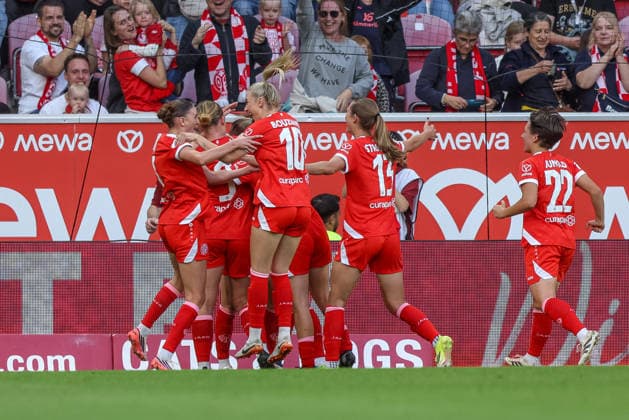 GER, Mainz, FSV Mainz 05 vs. Eintracht Frankfurt, Google Pixel Women’s Bundesliga, Soccer, DFB, 2026–2027 Season, MEWA Arena, Matchday 5 in Pictures: Sabina Jackson, Mainz 05 Women’s Team 20, Goal, Celebration and Joy, Emotions. DFB and DFL regulations prohibit any use of photographs as image sequences and or quasi-video. September 18, 2026 Copyright: HMBxMedia HendrikxHamelau