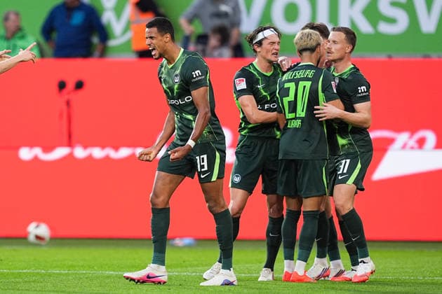 September 18, 2026, xydrx, Men s, Soccer, 2. Bundesliga, VfL Wolfsburg vs. SV Darmstadt 98, 2026–2027 season, Volkswagen Arena: Celebration after VfL Wolfsburg’s 2–1 goal scored by Robert Glatzel (VfL Wolfsburg, 19), alongside Fabian Reese (VfL Wolfsburg, 11), Joakim Maehle (VfL Wolfsburg, 21), and Yannick Gerhardt (VfL Wolfsburg, 31, and Muhammed Damar (VfL Wolfsburg, 20). DFB regulations prohibit any use of photographs as image sequences and or quasi-video. Copyright: HMBxMedia YannisxDreimann