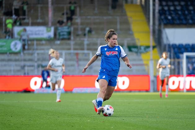 September 18, 2026, GER, Soccer, Women, Google Pixel 1 Bundesliga, 2026–2027 Season, Matchday 4, TSG 1899 Hoffenheim vs. VfL Wolfsburg, Laia Martret Jiménez (Hoffenheim), 21 on the ball. DFB and DFL regulations prohibit any use of photographs as image sequences and or quasi-video. Hoffenheim, Dietmar Hopp Stadium, Baden-Württemberg, Germany Copyright: xNordphoto Memmlerx