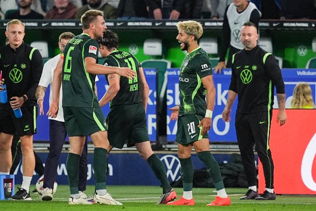 September 18, 2026, xydrx, Men s, Soccer, 2. Bundesliga, VfL Wolfsburg vs. SV Darmstadt 98, 2026–2027 Season, Volkswagen Arena: Celebrations after VfL Wolfsburg’s 4–1 goal scored by Muhammed Damar (VfL Wolfsburg, 20), along with Hauke Wahl (VfL Wolfsburg, 6) and Fabian Reese (VfL Wolfsburg, 11). DFB regulations prohibit any use of photographs as image sequences and or quasi-video. Copyright: HMBxMedia YannisxDreimann