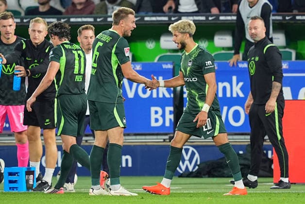 September 18, 2026, xydrx, Men s, Soccer, 2. Bundesliga, VfL Wolfsburg vs. SV Darmstadt 98, 2026–2027 Season, Volkswagen Arena: Celebrations after VfL Wolfsburg’s 4–1 goal scored by Muhammed Damar (VfL Wolfsburg, 20), along with Hauke Wahl (VfL Wolfsburg, 6) and Fabian Reese (VfL Wolfsburg, 11). DFB regulations prohibit any use of photographs as image sequences and or quasi-video. Copyright: HMBxMedia YannisxDreimann