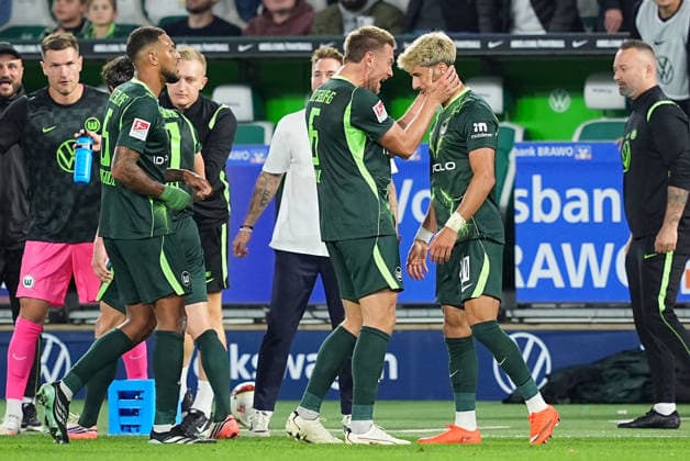 September 18, 2026, xydrx, Men s, Soccer, 2. Bundesliga, VfL Wolfsburg vs. SV Darmstadt 98, 2026–2027 season, Volkswagen Arena: Goal celebration after VfL Wolfsburg s 4–1 goal scored by Muhammed Damar (VfL Wolfsburg, No. 20), alongside Hauke Wahl (VfL Wolfsburg, No. 6) and Vinicius Souza Costa (VfL Wolfsburg, 5. DFB regulations prohibit any use of photographs as image sequences and or quasi-video Copyright: HMBxMedia YannisxDreimann