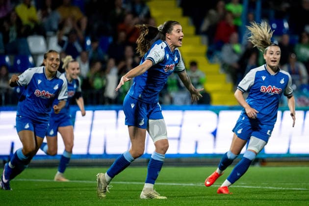 September 18, 2026, GER, Soccer, Women s, Google Pixel 1 Bundesliga, 2026–2027 Season, Matchday 4, TSG 1899 Hoffenheim vs. VfL Wolfsburg: Chiara Hahn (Hoffenheim, 23) celebrates the goal that makes it 2–1; behind her are Janna Grimm (Hoffenheim, 26), Linda Natter (Hoffenheim, 11), and Vanessa Diehm (Hoffenheim, 06 DFB and DFL regulations prohibit any use of photographs as image sequences and or quasi-video. Hoffenheim Dietmar Hopp Stadium, Baden-Württemberg, Germany Copyright: xNordphoto Memmlerx