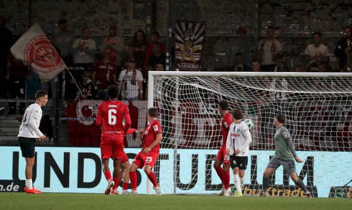 September 18, 2026, xfsx, Men s, Soccer, 2026–2027 Season, 3rd Division, Matchday 7: SC Verl vs. FC Würzburg Kickers. Almin Mesanovic of SC Verl scores the goal to make it 2–0. Namrud Embaye of FC Würzburg Kickers, Dominik Meisel (FC Würzburger Kickers), Ebrahim Farahnak (FC Würzburger Kickers), Mika Clausen (SC Verl), Marko Rajkovacic (FC Würzburger Kickers), Verl Sportclub Arena, North Rhine-Westphalia, Germany
