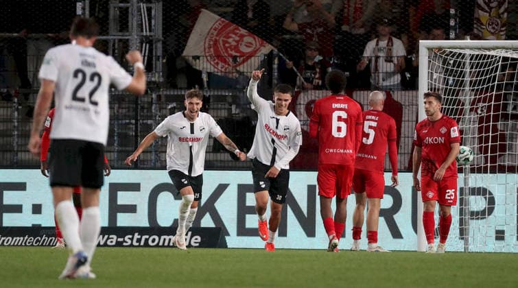 September 18, 2026, xfsx, Men s, Soccer, 2026–2027 Season, 3rd Division, Matchday 7: SC Verl vs. FC Würzburger Kickers; from left: Noah Koenig (SC Verl), Tim Heike (SC Verl), Almin Mesanovic (SC Verl) celebrating the goal, goal celebration, Celebrating the 2–0 goal, Namrud Embaye (FC Würzburger Kickers), Leo Eberle (FC Würzburger Kickers), Dominik Meisel (FC Würzburger Kickers), Verl Sportclub Arena, North Rhine-Westphalia, Germany