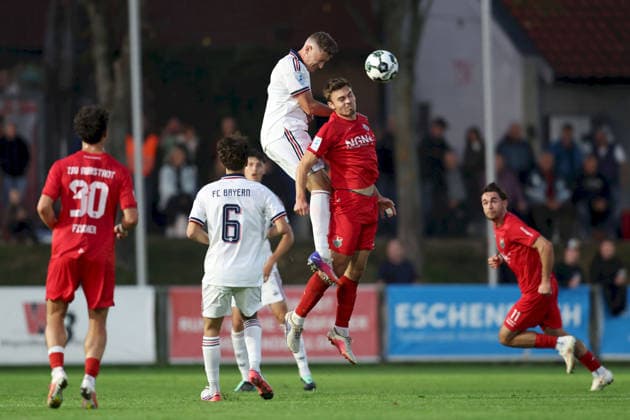 September 18, 2026, Men s, Soccer, 2026–2027 Season, Bavarian Regional League, Matchday 10: TSV Aubstadt vs. FC Bayern Munich II; David Heindl 5, FC Bayern Munich II; Max Grimm 9, TSV Aubstadt; Sulzfeld School Stadium, Aubstadt; NGN Arena, Bavaria, Germany