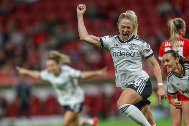 GER, Mainz, FSV Mainz 05 vs. Eintracht Frankfurt, Google Pixel Women’s Bundesliga, Soccer, DFB, 2026–2027 Season, MEWA Arena, Matchday 5 in Pictures: Rebecka Blomqvist, Eintracht Frankfurt Women’s Team, 28, Goal, Celebration and Joy, Emotions, 3–2. DFB and DFL regulations prohibit any use of photographs as image sequences and or quasi-video. September 18, 2026 Copyright: HMBxMedia HendrikxHamelau