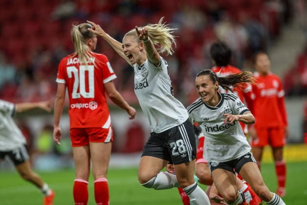 GER, Mainz, FSV Mainz 05 vs. Eintracht Frankfurt, Google Pixel Women s Bundesliga, Soccer, DFB, 2026–2027 Season, MEWA Arena, Matchday 5 in Pictures: Rebecka Blomqvist, Eintracht Frankfurt Women, 28, Goal, Celebration and Joy, Emotions, 3–2. DFB and DFL regulations prohibit any use of photographs as image sequences and or quasi-video. September 18, 2026 Copyright: HMBxMedia HendrikxHamelau