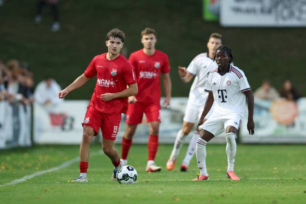 September 18, 2026, Men s, Soccer, 2026–2027 season, Bavarian Regional League, Matchday 10: TSV Aubstadt vs. FC Bayern Munich II; Maximilian Eckstein (19) for TSV Aubstadt and Oluwaseyi Wilson (7) for FC Bayern Munich II; Sulzfeld School Stadium, Aubstadt, NGN Arena, Bavaria, Germany