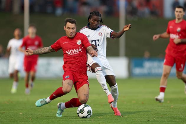 September 18, 2026, Men s Soccer, 2026–2027 Season, Bavarian Regional League, Matchday 10: TSV Aubstadt vs. FC Bayern Munich II. Ingo Feser (23), TSV Aubstadt, and Oluwaseyi Wilson (7), FC Bayern Munich II, Sulzfeld School Stadium, Aubstadt, NGN Arena, Bavaria, Germany