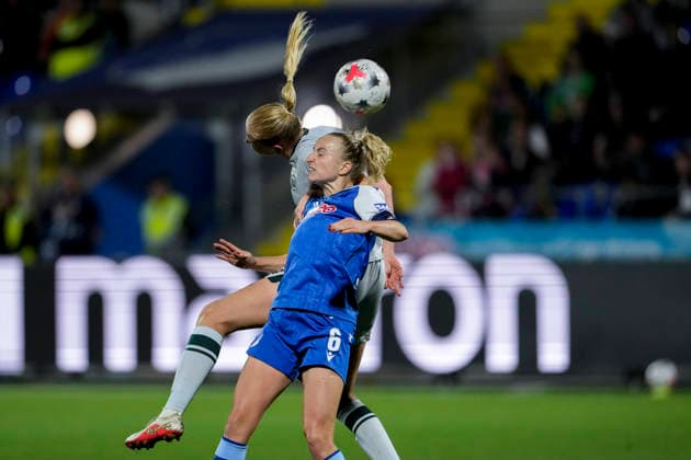 From left: Camilla Küver (Wolfsburg), 16, Vanessa Diehm (TSG), 6, during a header, header duel, game play, aerial duel, action, September 18, 2026, Sinsheim, Hoffenheim, Germany, soccer, Google Pixel Women’s Bundesliga, TSG 1899 Hoffenheim vs. VfL Wolfsburg, DFB and DFL regulations prohibit any use of photographs as image sequences and or quasi-video xozx