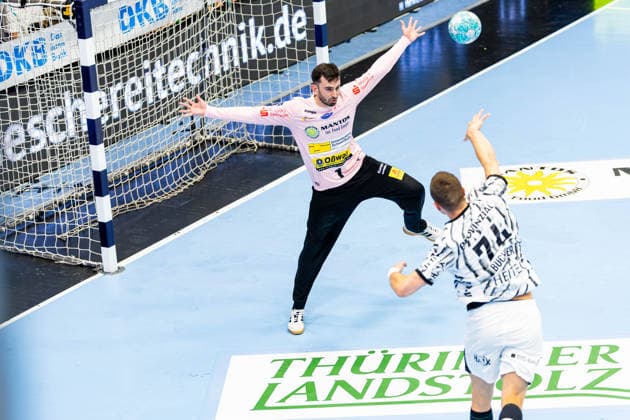 September 18, 2026, GER, Handball, Men, 2026–2027 Season, Opel 1st Division, Matchday 5, ThSV Eisenach vs. THW Kiel, Matija Spikic (ThSV Eisenach, 1), Vincent Buechner (99817 Eisenach), Werner Assmann, Am Sportpark Hall, Thuringia, Germany
