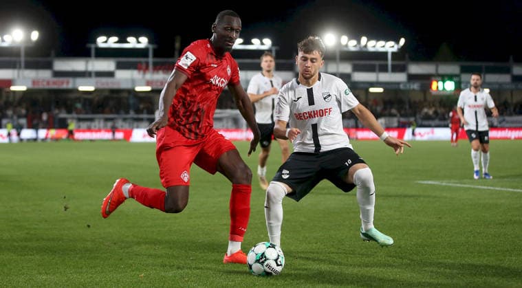 September 18, 2026, xfsx, Men s, Soccer, 2026–2027 Season, 3rd Division, Matchday 7: SC Verl vs. FC Würzburger Kickers; from left: Tarsis Bonga (FC Würzburger Kickers), Bilal Yalcinkaya (SC Verl); SC Verl, Verl Sportclub Arena, North Rhine-Westphalia, Germany