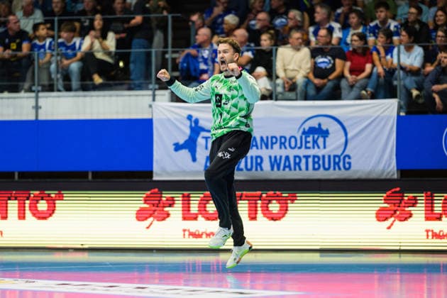 Gonzalo Perez de Vargas, THW Kiel, 01 celebrating a save, GER, ThSV Eisenach vs. THW Kiel, 1st Opel Handball Bundesliga, Handball, Matchday 5, 2026–2027 season, 8:00 p.m., September 18, 2026 GER, ThSV Eisenach vs. THW Kiel, 1st Opel Handball Bundesliga, Handball, Matchday 5, 2026–2027 season, 8:00 p.m., September 18, 2026, Eisenach Copyright: xMartinxHerbstx
