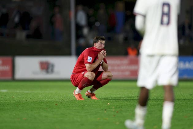 September 18, 2026, Men s, Soccer, 2026–2027 Season, Bavarian Regional League, Matchday 10: TSV Aubstadt vs. FC Bayern Munich II. Disappointed after the final whistle, Tim Hüttl 3, TSV Aubstadt, Sulzfeld, Schulstadion Aubstadt, NGN Arena, Bavaria, Germany
