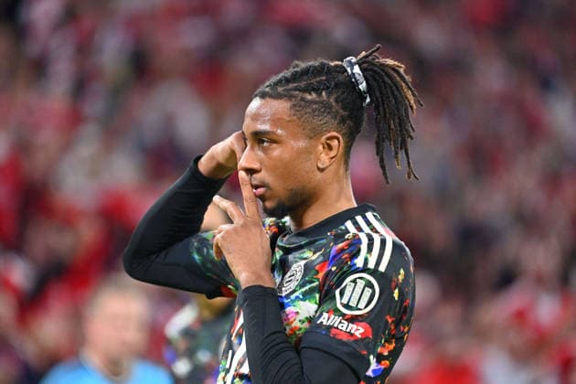 Michael OLISE celebrates his goal for Bayern Munich, making the score 3-0: celebration, joy, excitement, action, single frame, cropped image, portrait, soccer, Bundesliga Season 2026-2027, Matchday 4, Matchday 04, FC Bayern Munich vs. FC Union Berlin on September 18, 2026, Allianz Arena
