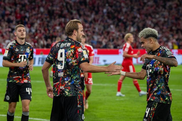 Soccer, Men s, 2026–2027 Season, Bundesliga 1, Matchday 4, FC Bayern Munich 1 FC Union Berlin, from left: Josip Stanisic (Bayern Munich), Harry Kane (Bayern Munich), Luis Diaz (Bayern Munich), celebration after the 2–0 goal, September 18, 2026, Copyright: xMatthiasxKochx