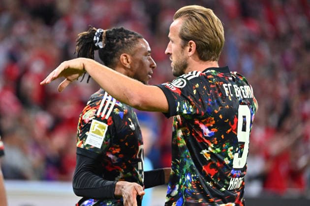 Michael OLISE celebrates his goal for Bayern Munich, making it 3–0, alongside Harry KANE of Bayern Munich—celebration, joy, excitement, action, soccer, Bundesliga Season 2026–2027, Matchday 4, Matchday 04, FC Bayern Munich vs. FC Union Berlin on September 18, 2026, Allianz Arena