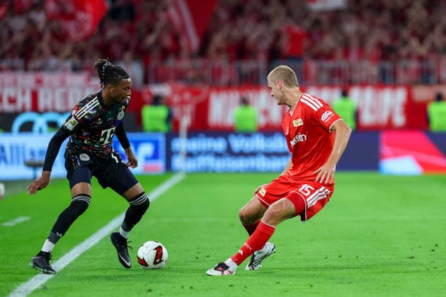 September 18, 2026, GER, Soccer, Men s, Bundesliga 1, 2026–2027 Season, Matchday 4, FC Bayern Munich vs. 1. FC Union Berlin Michael Olise (FC Bayern Munich, No. 17), left; Tom Rothe (1. FC Union Berlin, No. 15), right. DFB and DFL regulations prohibit any use of photographs as image sequences and or quasi-video. Munich, Allianz Arena, Bayern, Germany Copyright: xNordphoto Schneiderx