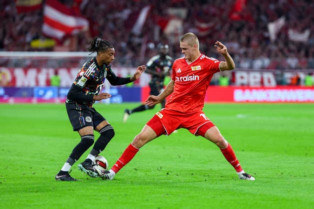 September 18, 2026, GER, Soccer, Men s, Bundesliga 1, 2026–2027 Season, Matchday 4, FC Bayern Munich vs. 1. FC Union Berlin Michael Olise (FC Bayern Munich, No. 17), left; Tom Rothe (1. FC Union Berlin, No. 15), right. DFB and DFL regulations prohibit any use of photographs as image sequences and or quasi-video. Munich, Allianz Arena, Bayern, Germany Copyright: xNordphoto Schneiderx