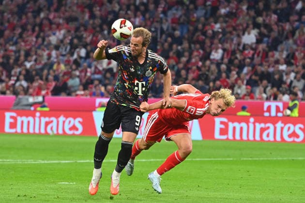 Goal by Harry KANE of Bayern Munich on a header, action, tackle against Leopold QUERFELD of Union Berlin to make it 4–0, penalty area play, soccer, Bundesliga Season 2026–2027, Matchday 4, Matchday 04, FC Bayern Munich 1 FC Union Berlin on September 18, 2026, Allianz Arena