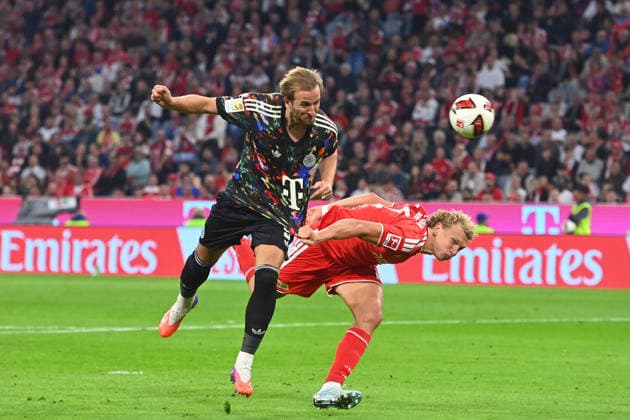 Goal by Harry KANE of Bayern Munich on a header, action, tackle against Leopold QUERFELD of Union Berlin to make it 4–0, penalty area play, soccer, Bundesliga Season 2026–2027, Matchday 4, Matchday 04, FC Bayern Munich 1 FC Union Berlin on September 18, 2026, Allianz Arena