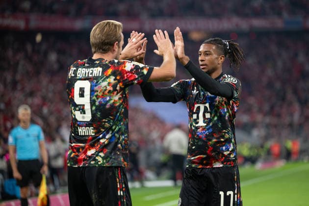 GER, Bavaria, Munich, Soccer, FC Bayern Munich vs. FC Union Berlin, at the Allianz Arena, Munich, Bundesliga, Matchday 4, September 18, 2026, from left: Harry Kane, FC Bayern Munich, 9; Michael Akpovie Olise, FC Bayern Munich, 17; goal celebration, joy, emotions, cheering, celebration, goal scored, Celebrate, goal celebration, joy, emotions, celebration, cheering, goal scored, celebrate, 4–0. DFL and DFB regulations prohibit any use of photographs as image sequences and or quasi-video, Copyright: HMB-Media MichaelxNibel