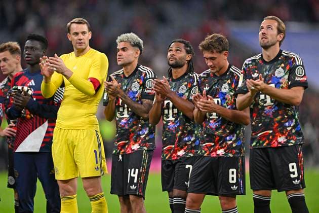 September 18, 2026, 2026–2027 Bundesliga, Matchday 4, FC Bayern Munich vs. 1. FC Union Berlin, at the Allianz Arena in Munich; from left: Bara Sapoko Ndiaye (Bayern Munich), goalkeeper Manuel Neuer (FC Bayern Munich), Luis Diaz of FC Bayern Munich, Serge Gnabry of FC Bayern Munich, Tom Bischof of FC Bayern Munich, and Harry Kane of FC Bayern Munich celebrate