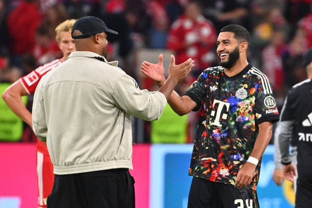 Final celebration: Coach Vincent KOMPANY of Bayern Munich with Ismael SAIBARI of Bayern Munich—celebration, joy, excitement, soccer, Bundesliga Season 2026–2027, Matchday 4, Matchday 04, FC Bayern Munich 1, FC Union Berlin 7–0 on September 18, 2026, ALLIANZ ARENA
