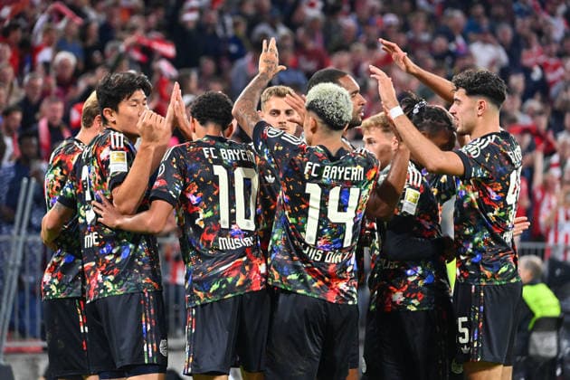 Collective goal celebration featuring, among others, Minjae KIM (FC Bayern Munich), Jamal MUSIALA (Bayern Munich), Josip STANISIC (Bayern Munich), Luis DIAZ (Bayern Munich), Jonathan TAH of Bayern Munich, Aleksandar PAVLOVIC of Bayern Munich—celebration, joy, excitement, action—soccer, Bundesliga Season 2026–2027, Matchday 4, Matchday 04, FC Bayern Munich 1–7 FC Union Berlin on September 18, 2026, Allianz Arena
