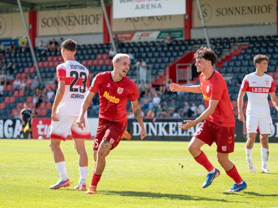 Goal making it 0–3 by Sascha Hingerl of SSV Jahn Regensburg, 35 (left), Celebration with Nicolas Oliveira, SSV Jahn Regensburg, 25 GER, Soccer, VfB Stuttgart II vs. SSV Jahn Regensburg, Landesliga 2, Matchday 8, Leinfelden-Echterdingen, 2026–2027 season, September 19, 2026, Germany, soccer, VfB Stuttgart II vs. SSV Jahn Regensburg, 3. Liga, Matchday 8, 2026–2027 season, September 19, 2026, Leinfelden-Echterdingen Copyright: xCarstenxSchweringx EP_CSG