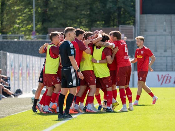 Goal to make it 0-2 by Nassim Boujellab, SSV Jahn Regensburg, 10, team celebration, GER, soccer, VfB Stuttgart II vs. SSV Jahn Regensburg, Landesliga 2, Matchday 8, Leinfelden-Echterdingen, 2026–2027 season, September 19, 2026, Germany, soccer, VfB Stuttgart II vs. SSV Jahn Regensburg, 3. Liga, Matchday 8, 2026–2027 season, September 19, 2026, Leinfelden-Echterdingen Copyright: xCarstenxSchweringx EP_CSG