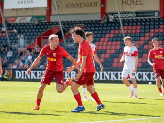 Goal to make it 0–3 by Sascha Hingerl of SSV Jahn Regensburg, 35 (left), Celebration with Nicolas Oliveira, SSV Jahn Regensburg, 25 GER, soccer, VfB Stuttgart II vs. SSV Jahn Regensburg, Landesliga 2, Matchday 8, Leinfelden-Echterdingen, 2026–2027 season, September 19, 2026, Germany, soccer, VfB Stuttgart II vs. SSV Jahn Regensburg, 3rd League, Matchday 8, 2026–2027 season, September 19, 2026, Leinfelden Echterdingen Copyright: xCarstenxSchweringx EP_CSG