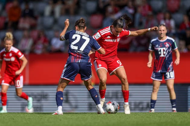 GER, Munich, FC Bayern Munich vs. FC Cologne, Google Pixel Women s Bundesliga, Soccer, DFB, 2026–2027 Season, FC Bayern Campus, Matchday 5 in Pictures: from left, Laura Feiersinger (FC Cologne Women, 27), Jovana Damnjanovic FC Bayern Munich Women 9. DFB and DFL regulations prohibit any use of photographs as image sequences and or quasi-video. September 19, 2026 Copyright: HMBxMedia HendrikxHamelau