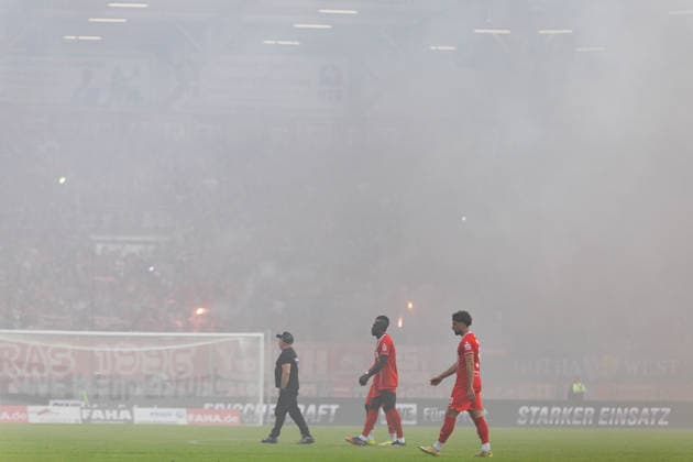 September 19, 2026, GER, Soccer, Men, 2026–2027 Season, Regionalliga Northeast, Matchday 10, FC Rot-Weiss Erfurt vs. FC Erzgebirge Aue; Match suspended at the start of the second half due to pyrotechnics; 99096 Erfurt, Steigerwaldstadion, natural grass field, Thuringia, Germany