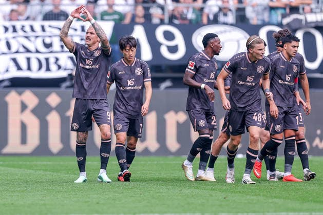 September 19, 2026, Soccer, Borussia Mönchengladbach 1 FSV Mainz 05, 1 Bundesliga, Matchday 4, Ista Borussia Park, 2026–27 Season, Goal celebration after the 1–1 goal by Phillip Tietz, 1 FSV Mainz 05, 09. DFB regulations prohibit any use of photographs as image sequences and or quasi-video. North Rhine-Westphalia, Germany